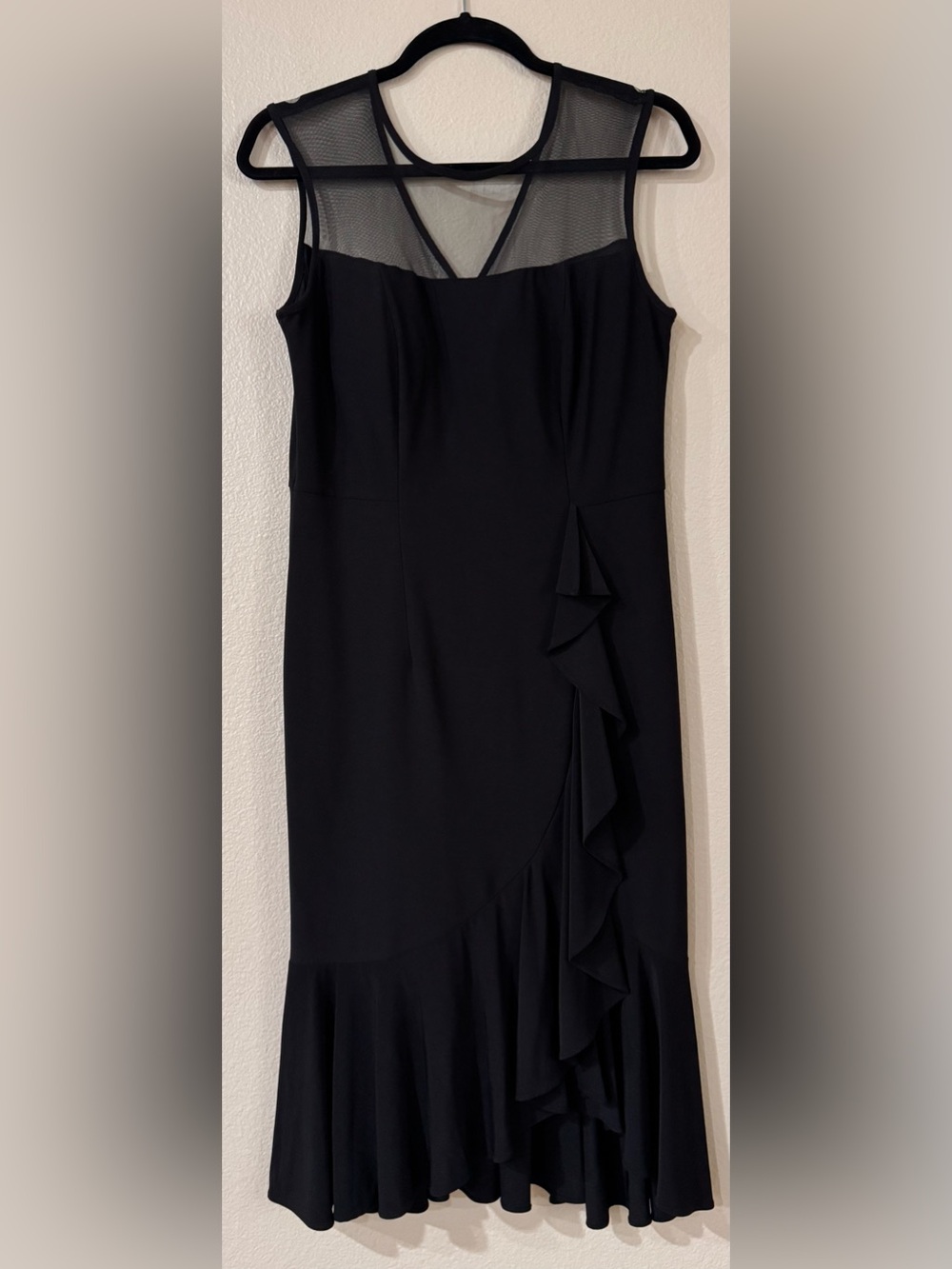R&M Richards Mesh Illusion High Low Cascade Ruffle Cocktail Dress Black 6